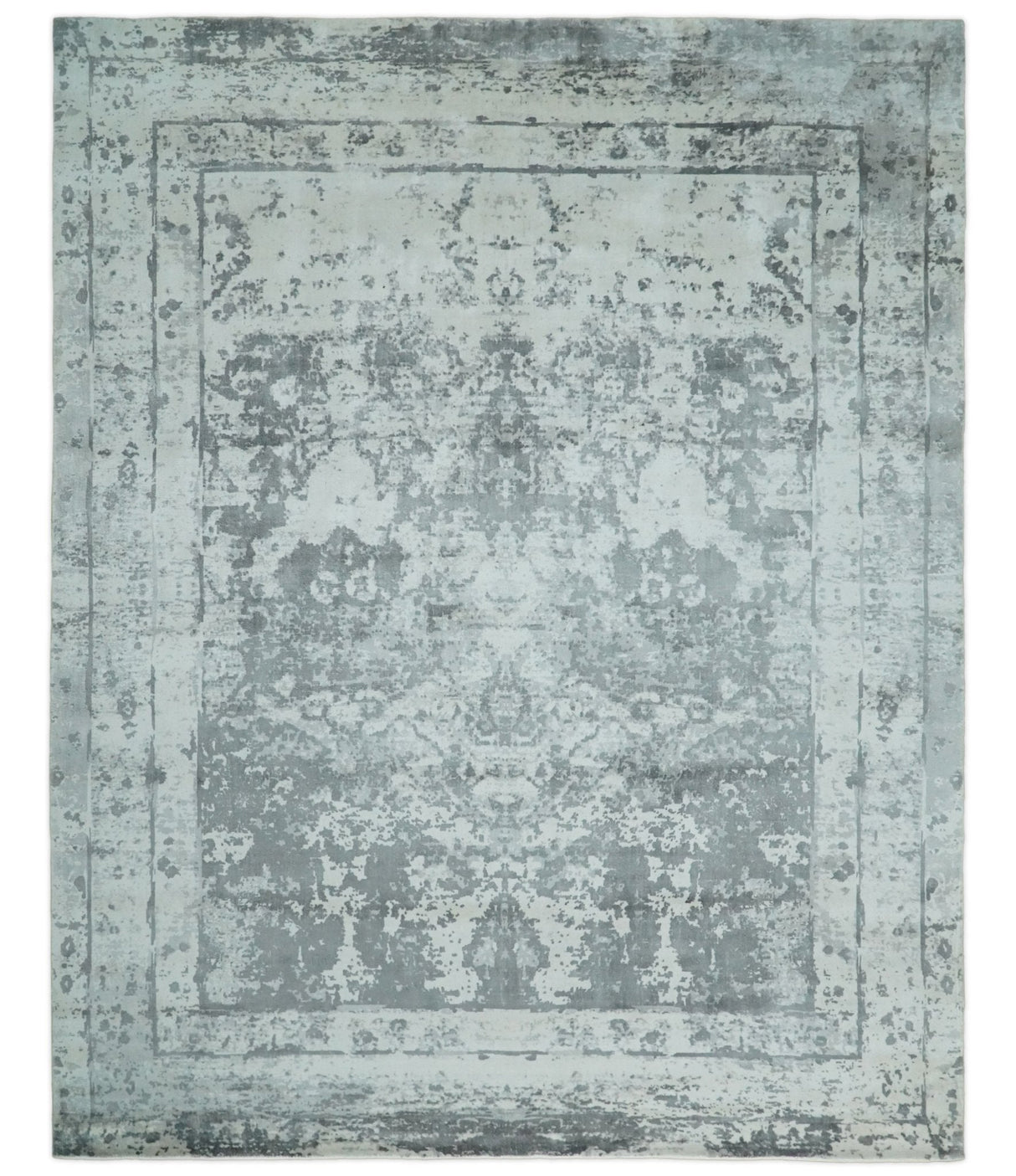 Handmade 7.10x9.9 Abstract Ivory and Gray Blended Wool and Bamboo Silk Area Rug