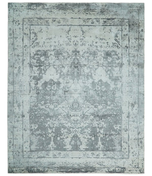 Handmade 7.10x9.9 Abstract Ivory and Gray Blended Wool and Bamboo Silk Area Rug