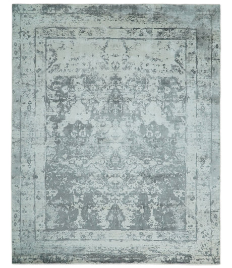 Handmade 7.10x9.9 Abstract Ivory and Gray Blended Wool and Bamboo Silk Area Rug