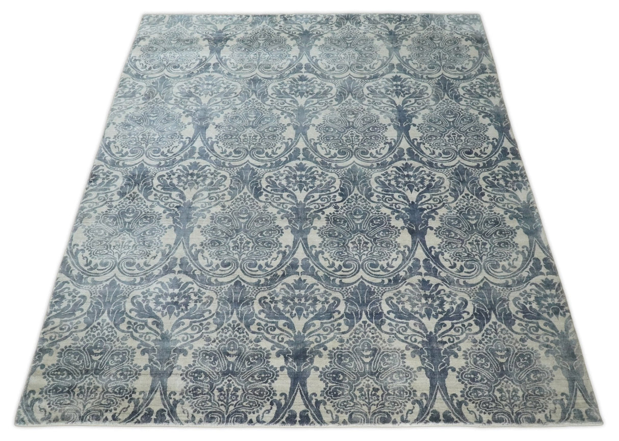 Handmade 7.8x9.10 Damask Ivory and gray Blended Wool and Bamboo Silk Area Rug