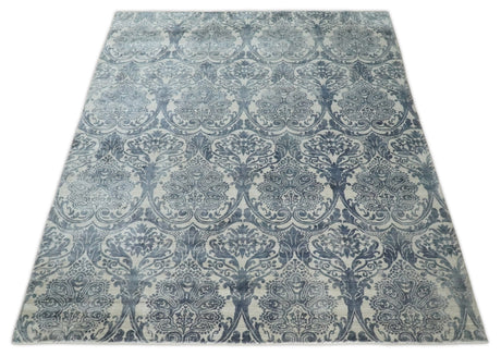 Handmade 7.8x9.10 Damask Ivory and gray Blended Wool and Bamboo Silk Area Rug
