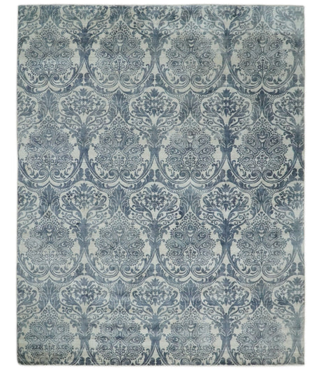 Handmade 7.8x9.10 Damask Ivory and gray Blended Wool and Bamboo Silk Area Rug