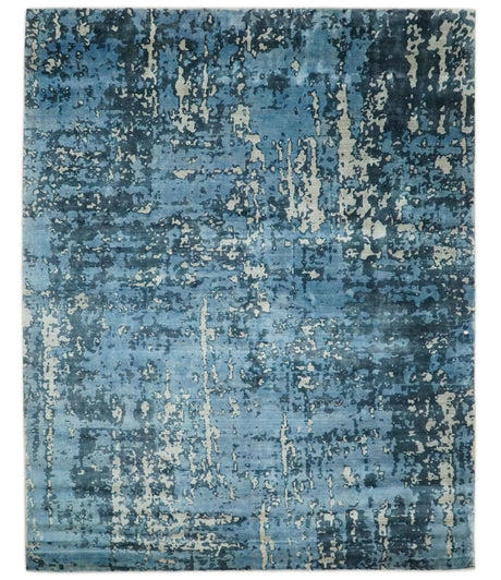 Handmade 8x10 Blue and Ivory Bamboo Silk Area Rug