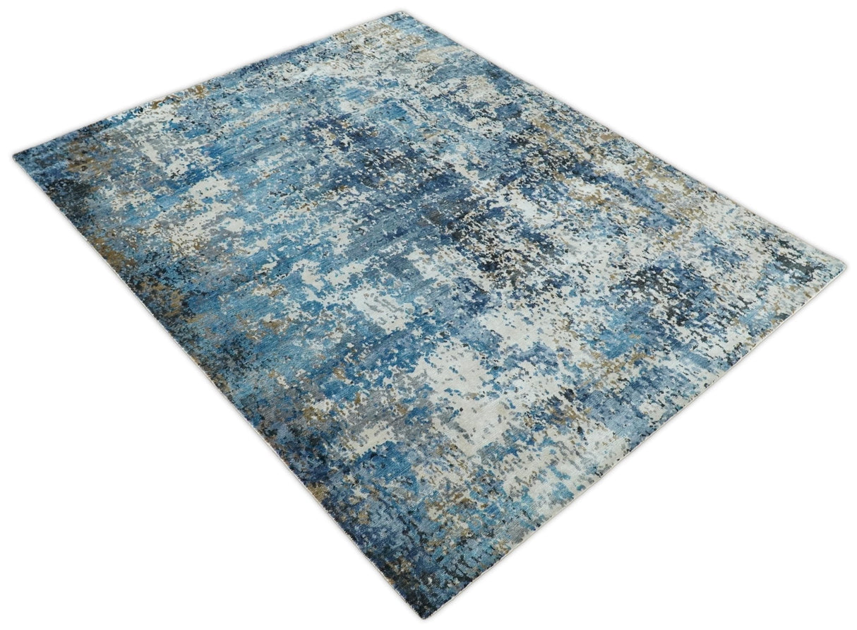 Handmade 8x10 Blue and Ivory Modern Abstract Bamboo Silk Area Rug I TRDS1810