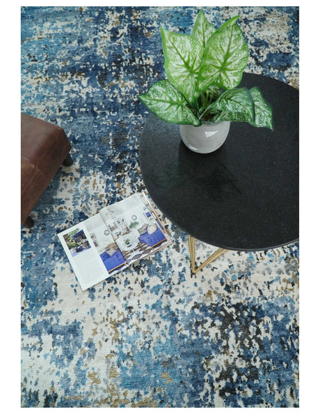 Handmade 8x10 Blue and Ivory Modern Abstract Bamboo Silk Area Rug I TRDS1810