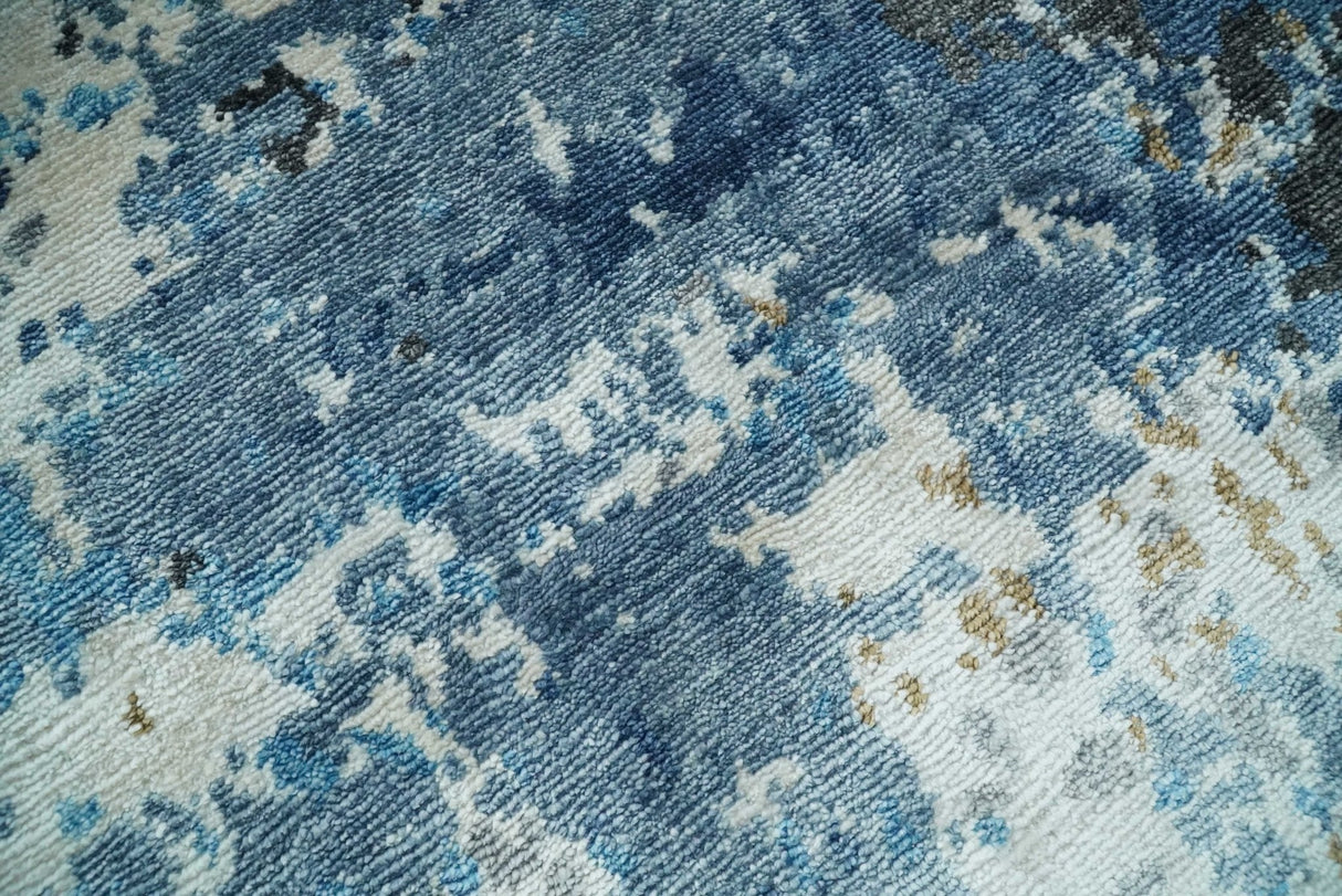 Handmade 8x10 Blue and Ivory Modern Abstract Bamboo Silk Area Rug I TRDS1810