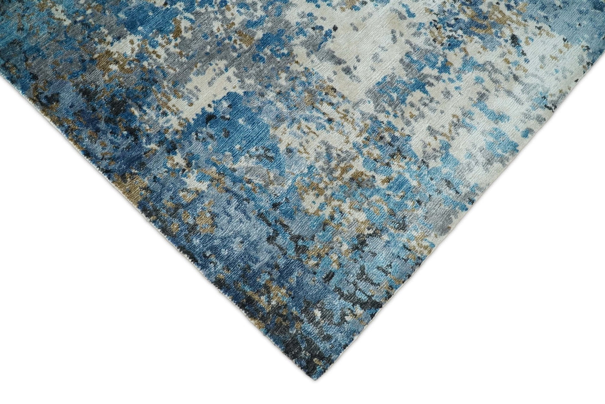 Handmade 8x10 Blue and Ivory Modern Abstract Bamboo Silk Area Rug I TRDS1810
