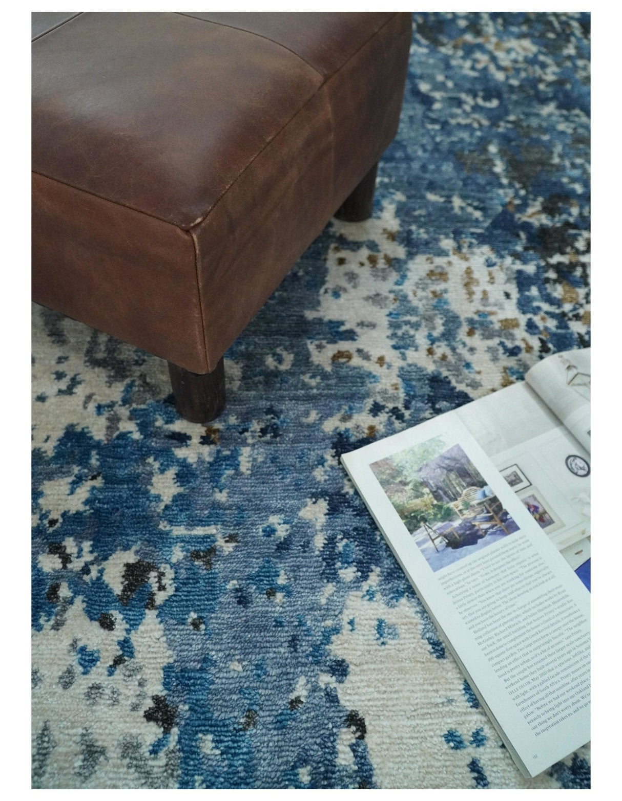 Handmade 8x10 Blue and Ivory Modern Abstract Bamboo Silk Area Rug I TRDS1810
