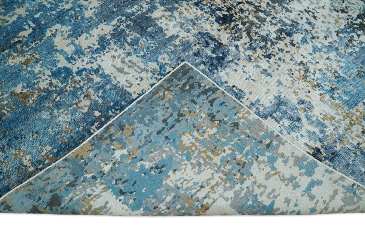Handmade 8x10 Blue and Ivory Modern Abstract Bamboo Silk Area Rug I TRDS1810