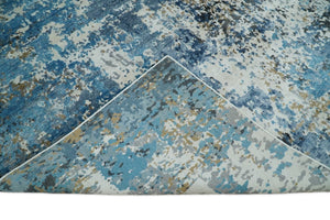 Handmade 8x10 Blue and Ivory Modern Abstract Bamboo Silk Area Rug I TRDS1810