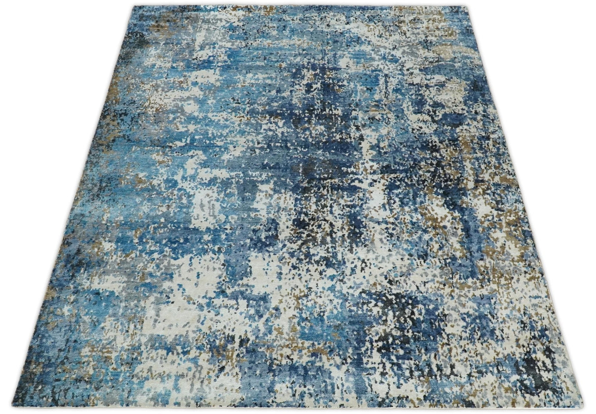 Handmade 8x10 Blue and Ivory Modern Abstract Bamboo Silk Area Rug I TRDS1810