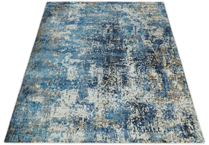 Handmade 8x10 Blue and Ivory Modern Abstract Bamboo Silk Area Rug I TRDS1810