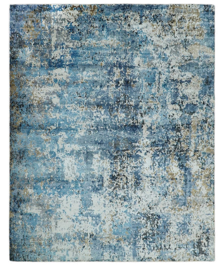 Handmade 8x10 Blue and Ivory Modern Abstract Bamboo Silk Area Rug I TRDS1810