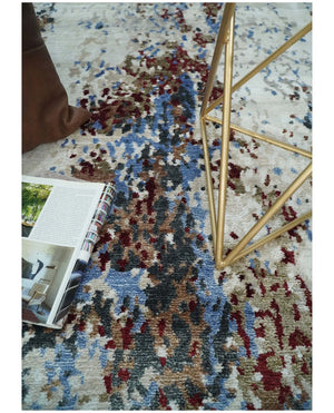 Handmade 8x10 Ivory, Blue and Red Abstract bamboo Silk Area Rug | TRDS2810