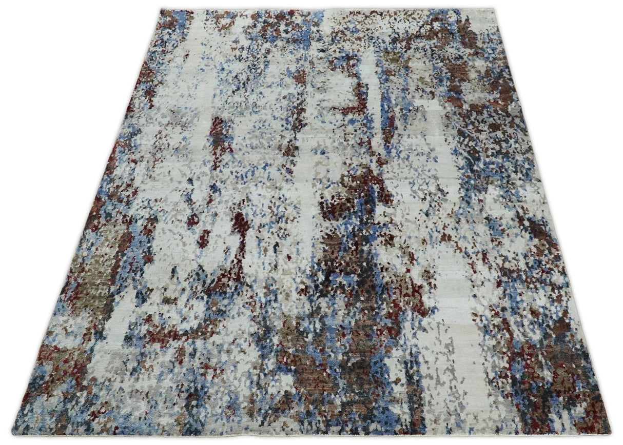 Handmade 8x10 Ivory, Blue and Red Abstract bamboo Silk Area Rug | TRDS2810