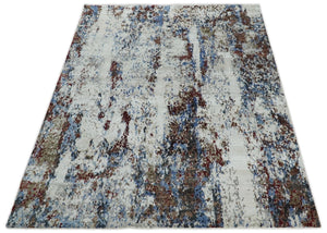 Handmade 8x10 Ivory, Blue and Red Abstract bamboo Silk Area Rug | TRDS2810