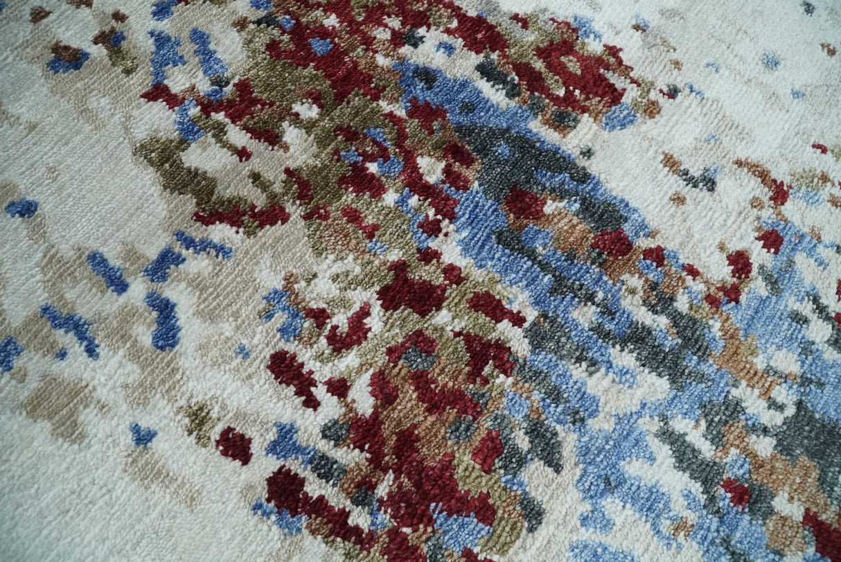 Handmade 8x10 Ivory, Blue and Red Abstract bamboo Silk Area Rug | TRDS2810