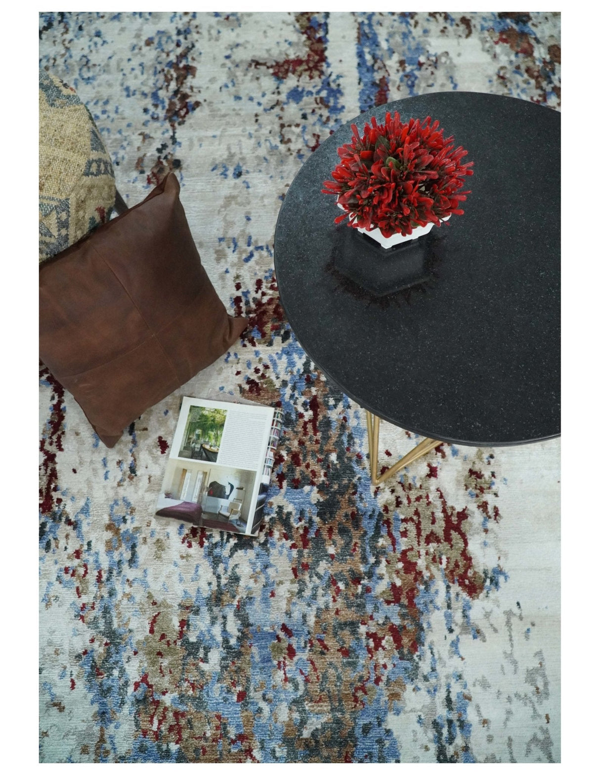 Handmade 8x10 Ivory, Blue and Red Abstract bamboo Silk Area Rug | TRDS2810