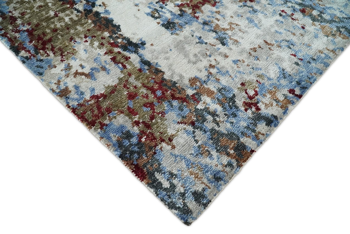 Handmade 8x10 Ivory, Blue and Red Abstract bamboo Silk Area Rug | TRDS2810