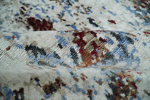 Handmade 8x10 Ivory, Blue and Red Abstract bamboo Silk Area Rug | TRDS2810