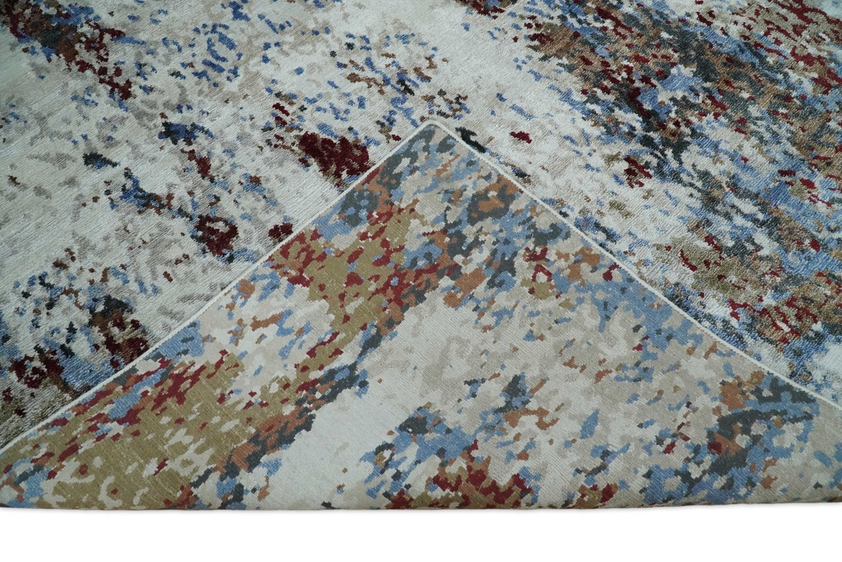 Handmade 8x10 Ivory, Blue and Red Abstract bamboo Silk Area Rug | TRDS2810