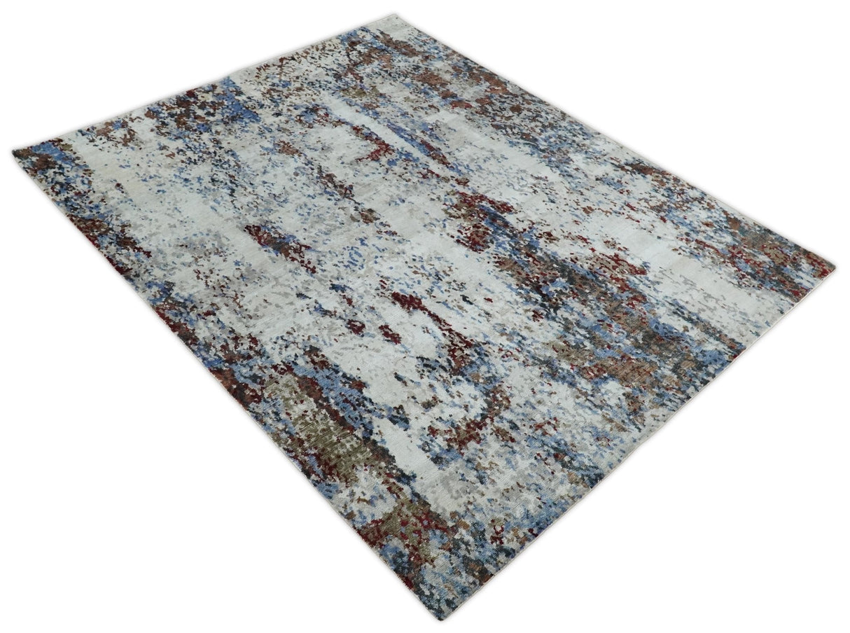 Handmade 8x10 Ivory, Blue and Red Abstract bamboo Silk Area Rug | TRDS2810