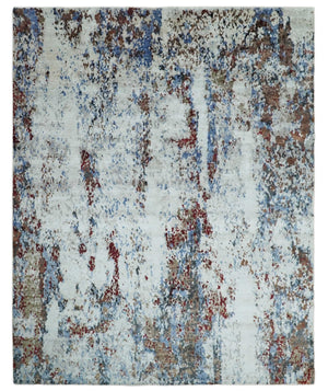 Handmade 8x10 Ivory, Blue and Red Abstract bamboo Silk Area Rug | TRDS2810