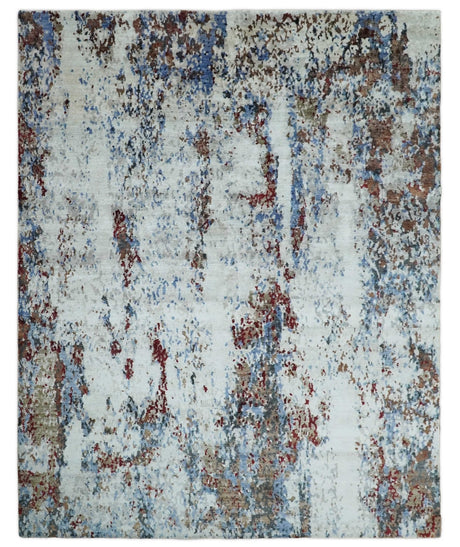 Handmade 8x10 Ivory, Blue and Red Abstract bamboo Silk Area Rug | TRDS2810