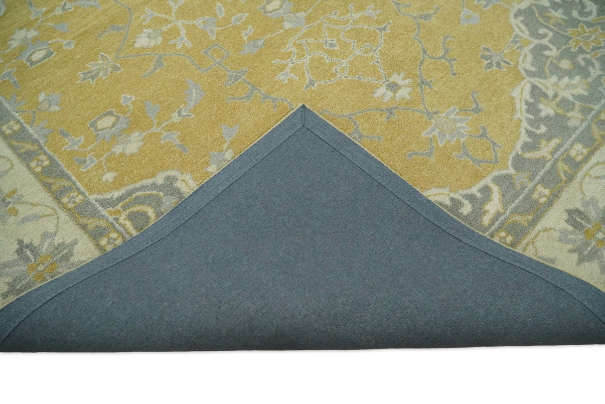Handmade 8x10 and 9x12 Traditional Vintage Design Mustard and Silver Wool Area Rug | TRDCP127810