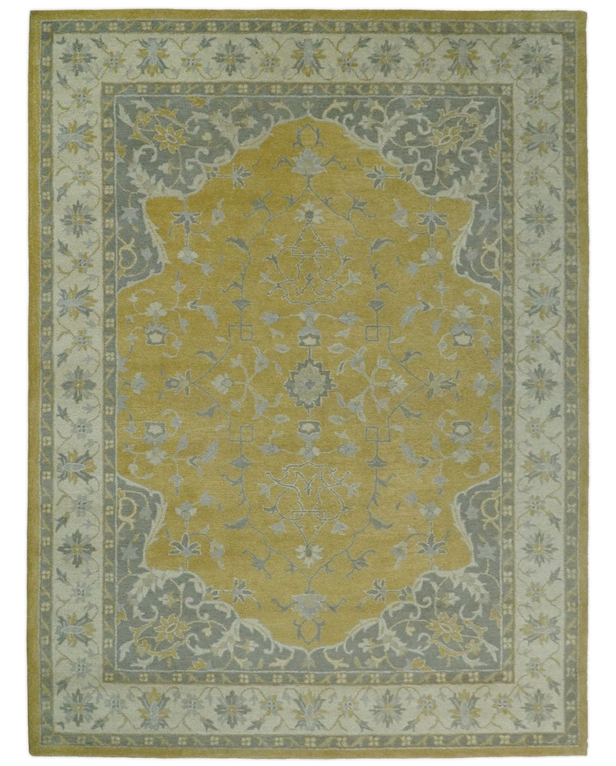 Handmade 8x10 and 9x12 Traditional Vintage Design Mustard and Silver Wool Area Rug | TRDCP127810