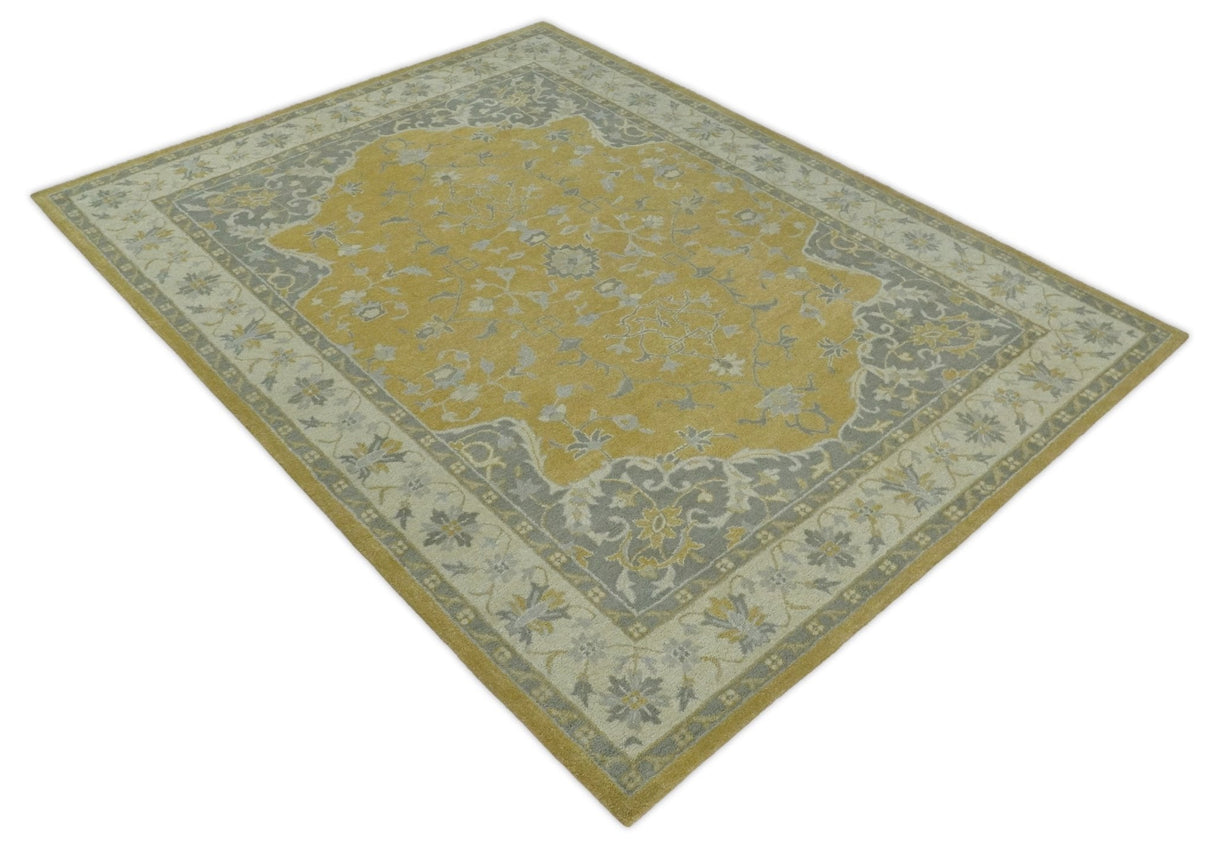 Handmade 8x10 and 9x12 Traditional Vintage Design Mustard and Silver Wool Area Rug | TRDCP127810