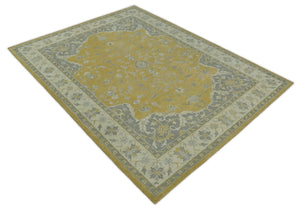 Handmade 8x10 and 9x12 Traditional Vintage Design Mustard and Silver Wool Area Rug | TRDCP127810