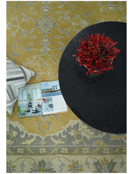 Handmade 8x10 and 9x12 Traditional Vintage Design Mustard and Silver Wool Area Rug | TRDCP127810
