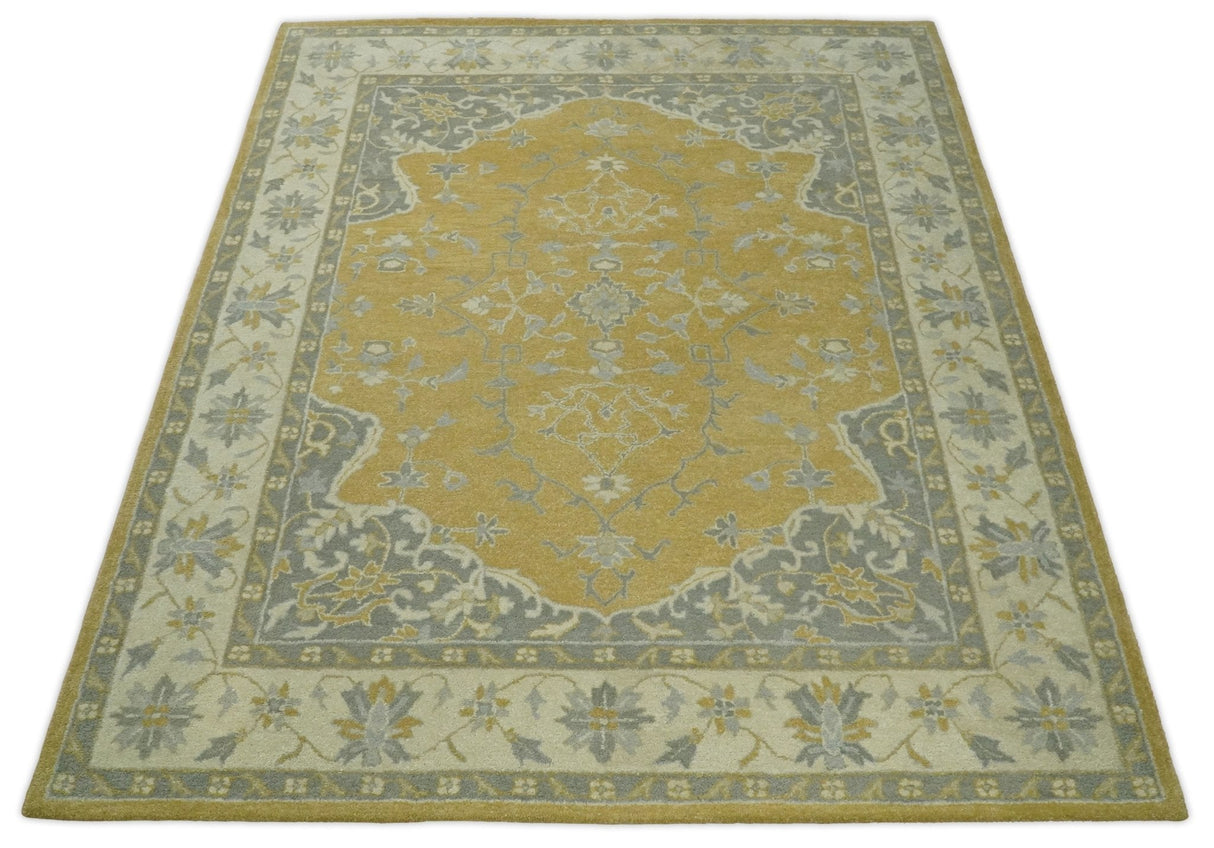 Handmade 8x10 and 9x12 Traditional Vintage Design Mustard and Silver Wool Area Rug | TRDCP127810