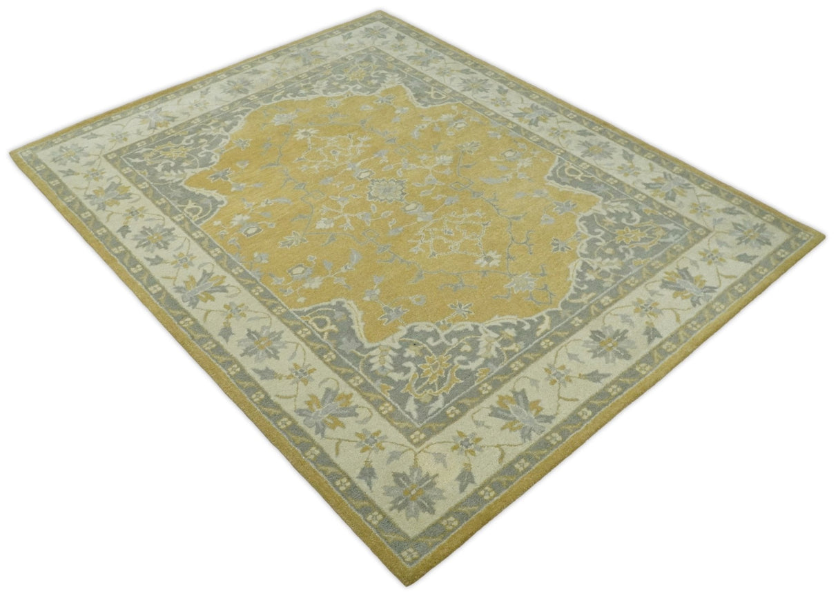 Handmade 8x10 and 9x12 Traditional Vintage Design Mustard and Silver Wool Area Rug | TRDCP127810
