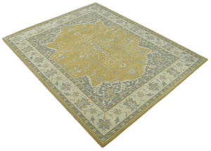 Handmade 8x10 and 9x12 Traditional Vintage Design Mustard and Silver Wool Area Rug | TRDCP127810