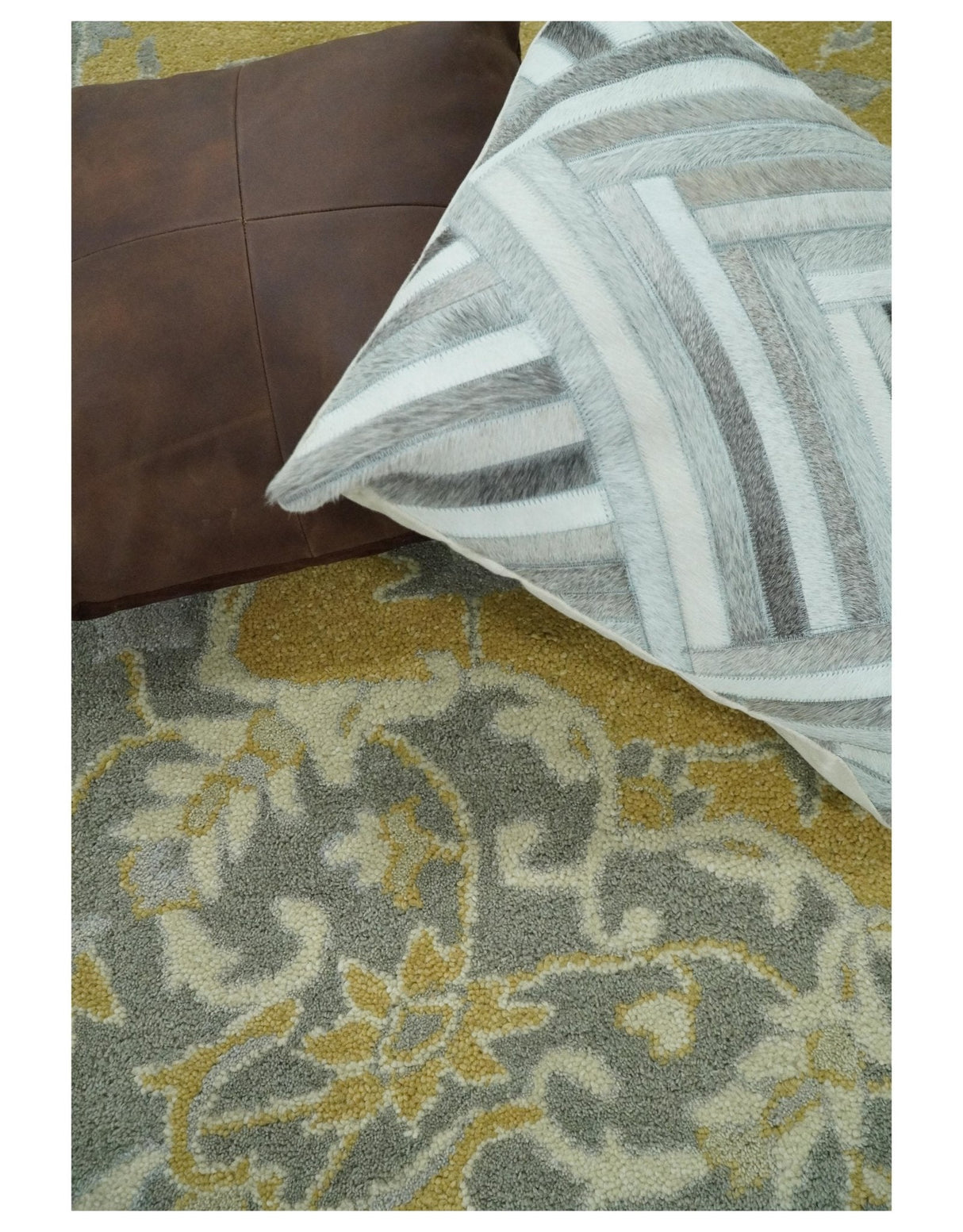 Handmade 8x10 and 9x12 Traditional Vintage Design Mustard and Silver Wool Area Rug | TRDCP127810