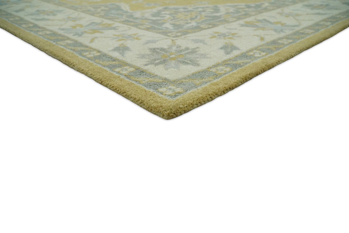 Handmade 8x10 and 9x12 Traditional Vintage Design Mustard and Silver Wool Area Rug | TRDCP127810