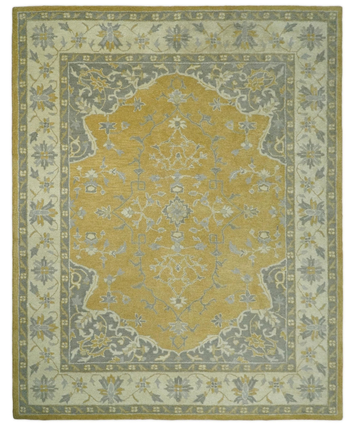 Handmade 8x10 and 9x12 Traditional Vintage Design Mustard and Silver Wool Area Rug | TRDCP127810