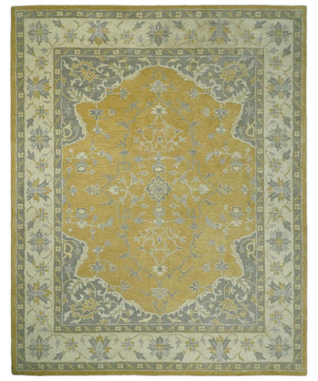 Handmade 8x10 and 9x12 Traditional Vintage Design Mustard and Silver Wool Area Rug | TRDCP127810