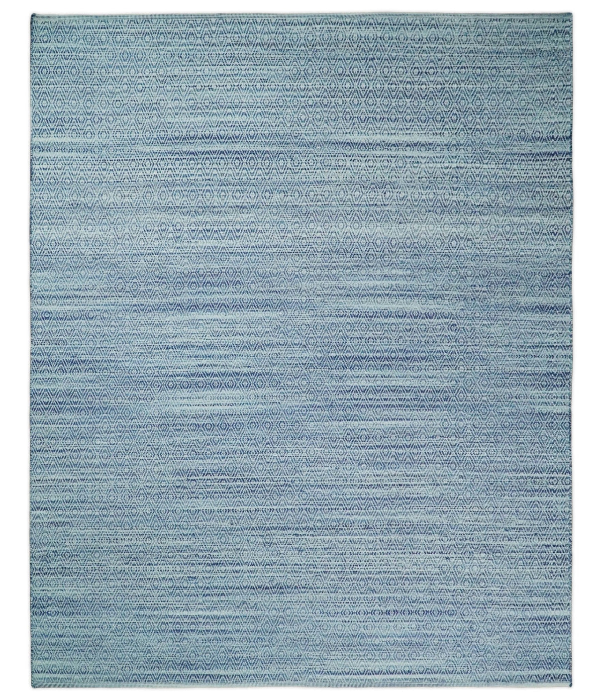 Handmade Boho 5x8 and 8x10 Ivory and Blue Wool Blend Dhurrie Rug | VIK3