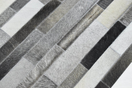 Handmade Hairon 5x8 Genuine Leather Stripe Design Gray and Silver Area Rug | LR7