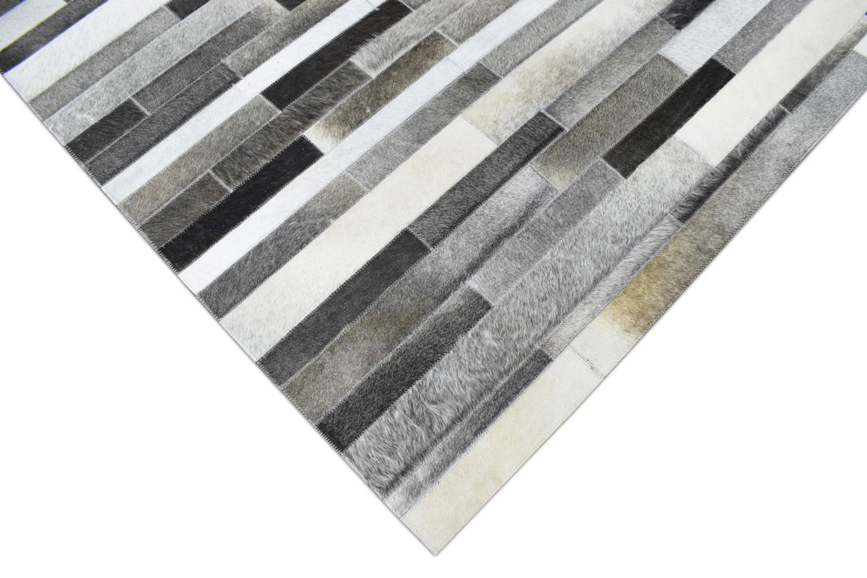 Handmade Hairon 5x8 Genuine Leather Stripe Design Gray and Silver Area Rug | LR7