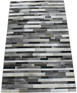 Handmade Hairon 5x8 Genuine Leather Stripe Design Gray and Silver Area Rug | LR7
