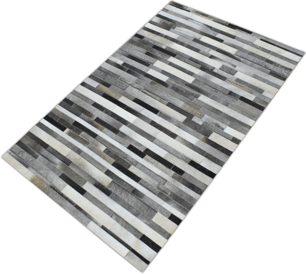 Handmade Hairon 5x8 Genuine Leather Stripe Design Gray and Silver Area Rug | LR7