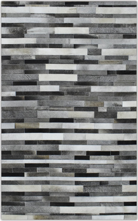 Handmade Hairon 5x8 Genuine Leather Stripe Design Gray and Silver Area Rug | LR7