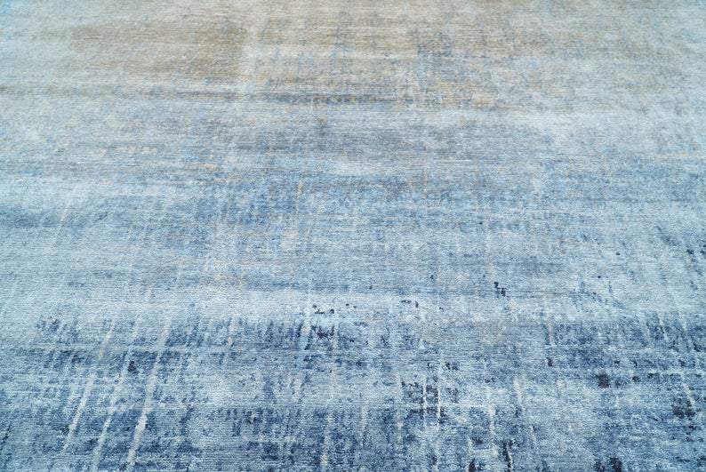 Handmade Modern Abstract Blue and Silver bamboo Silk 8x10 Area Rug I SK35810
