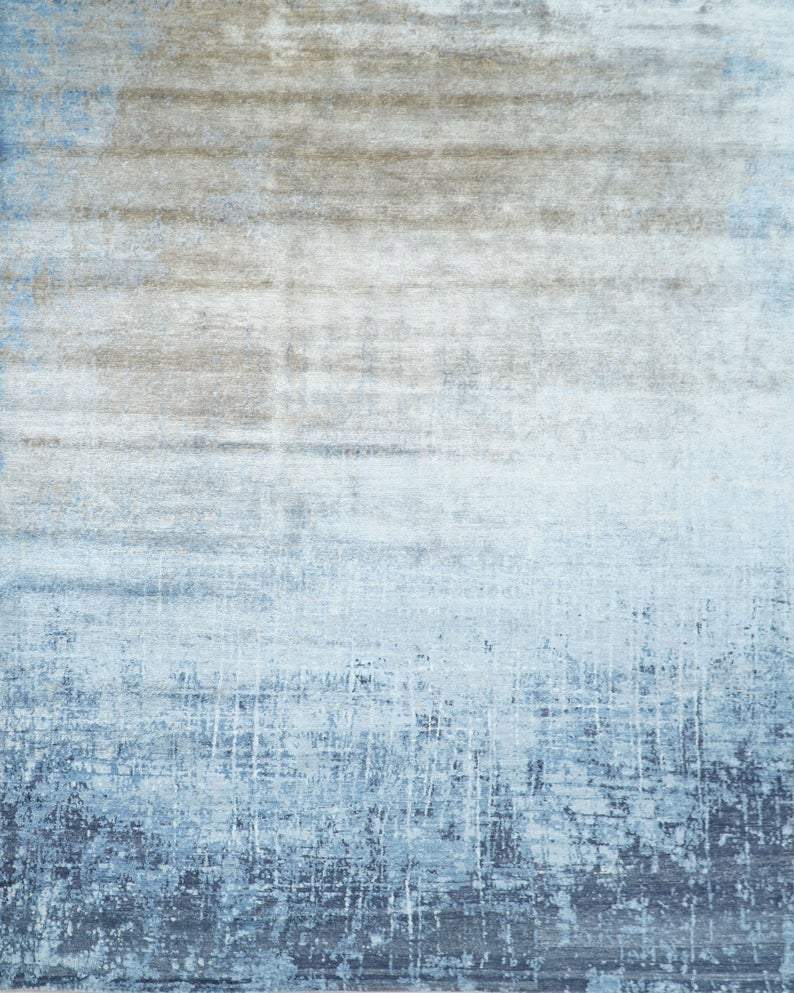 Handmade Modern Abstract Blue and Silver bamboo Silk 8x10 Area Rug I SK35810