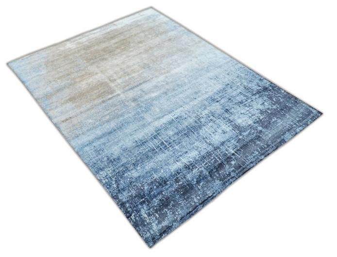 Handmade Modern Abstract Blue and Silver bamboo Silk 8x10 Area Rug I SK35810
