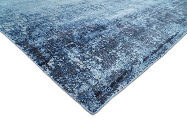 Handmade Modern Abstract Blue and Silver bamboo Silk 8x10 Area Rug I SK35810